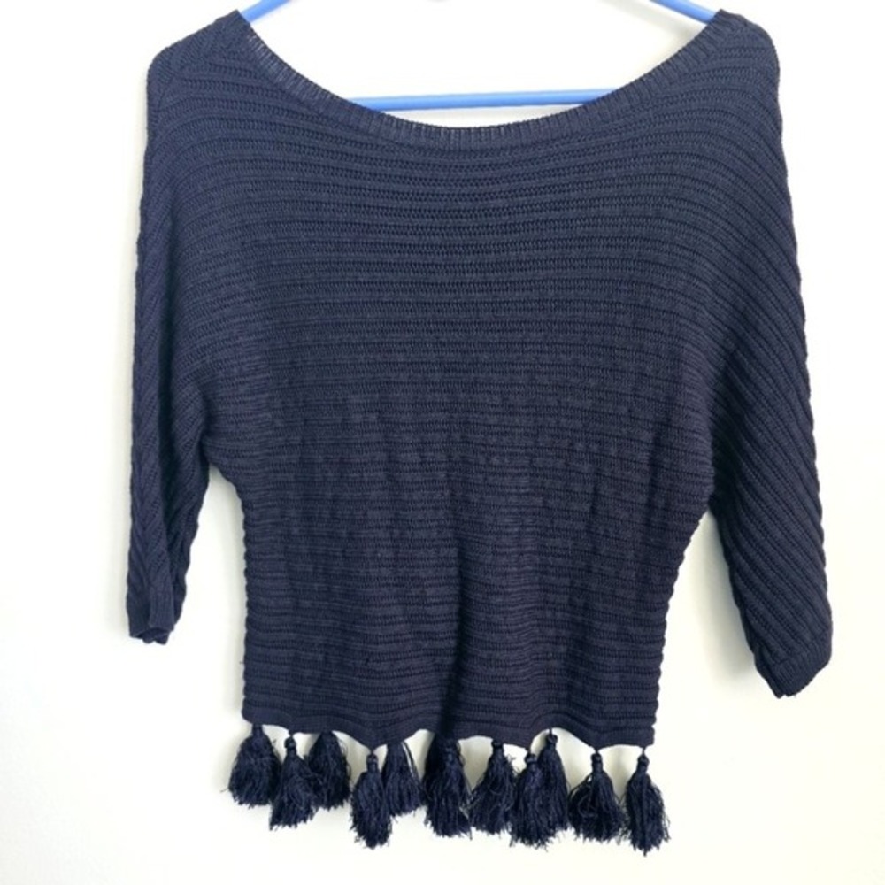 L'AGENCE Navy Blue Ribbed Knit Tassel Hem Sweater Womens Small